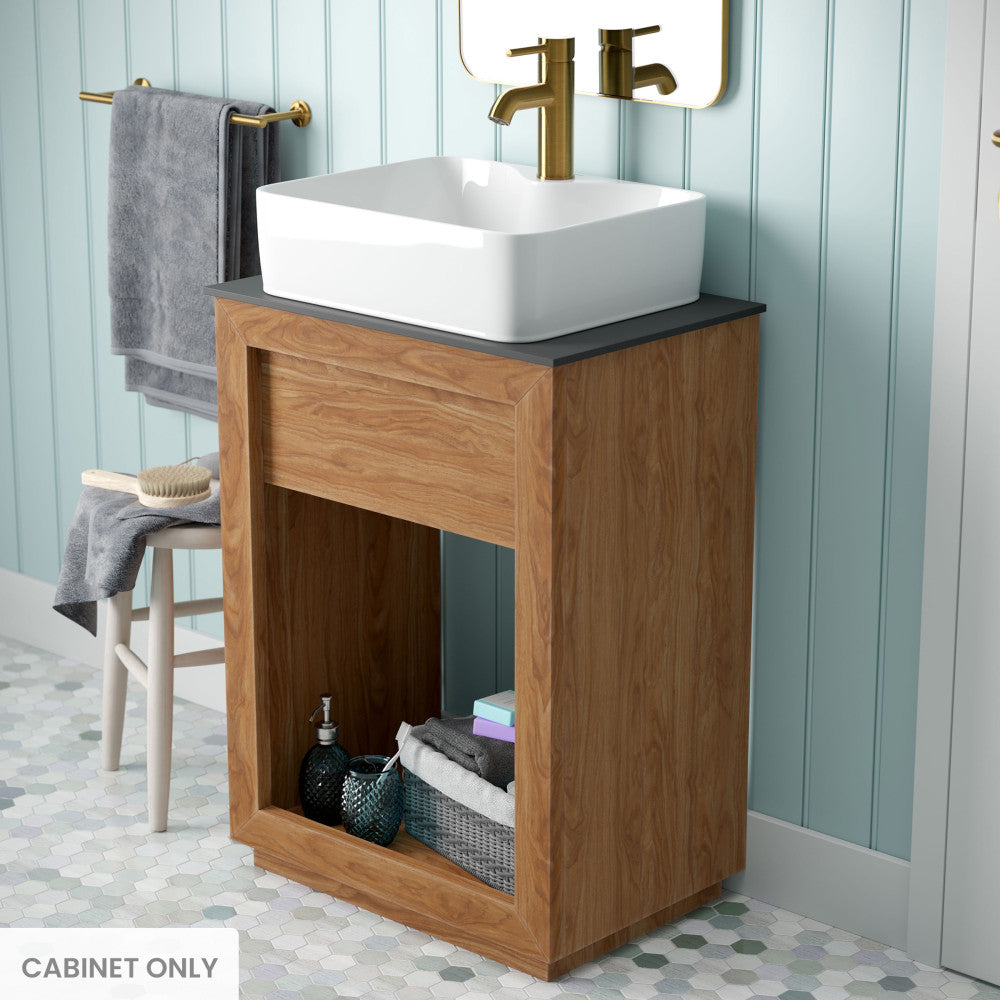 24-inch freestanding reclaimed wood vanity cabinet in natural teak with open shelf and rectangular vessel sink.