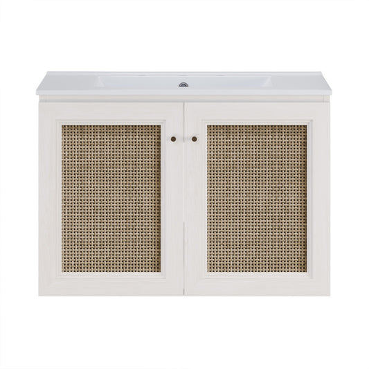 Classe 30" Wall-Mounted Bathroom Vanity in White Oak with Widespread Faucet Holes Vanity Top