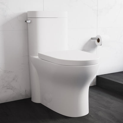 Elongated one-piece toilet with left side flush handle, modern white design, compact skirted trapway.