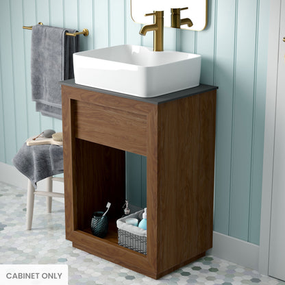 24-inch freestanding reclaimed wood vanity cabinet in walnut with open bottom shelf, no top included.