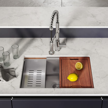 27 x 19 stainless steel undermount single basin kitchen workstation sink with wooden cutting board and pull-down faucet.