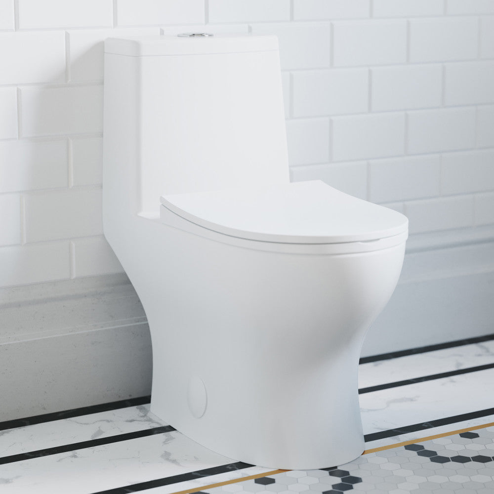 Elongated one-piece toilet with dual-flush and skirted trapway, modern white design.
