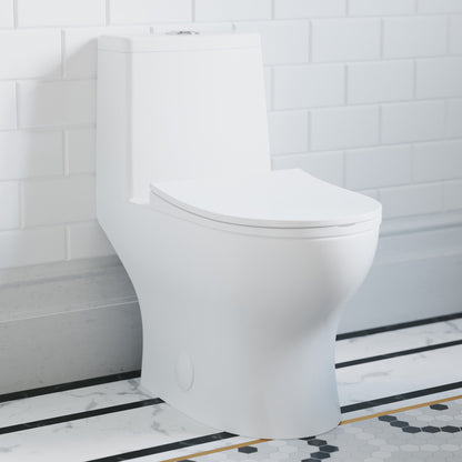 Elongated one-piece toilet with dual-flush and skirted trapway, modern white design.