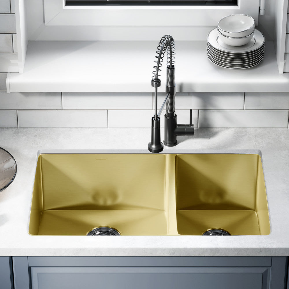 33x20-inch gold stainless steel undermount kitchen sink, dual basin.