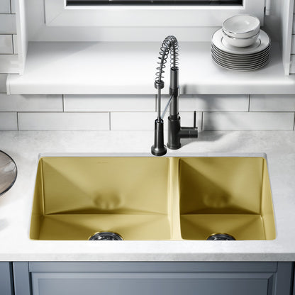33x20-inch gold stainless steel undermount kitchen sink, dual basin.