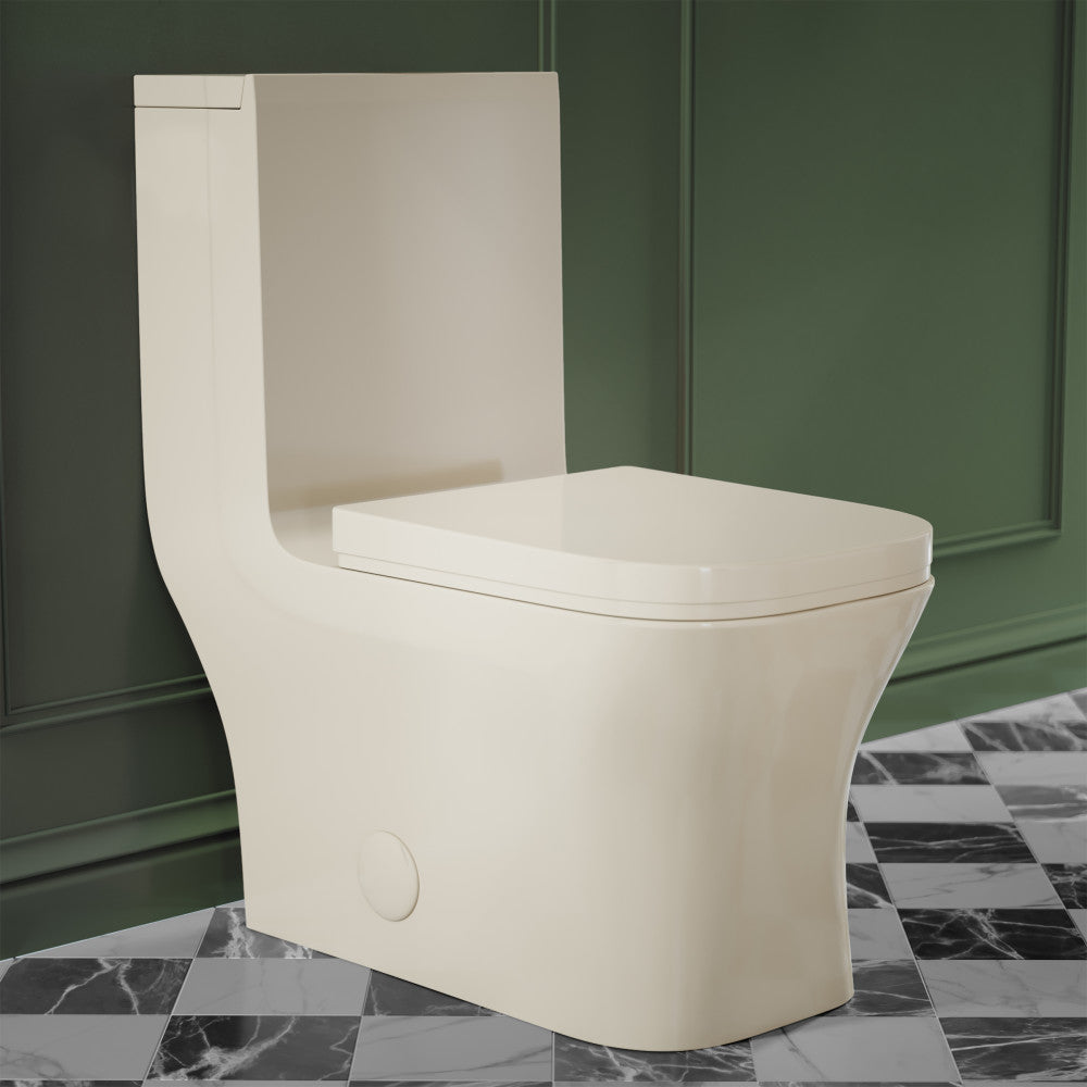 Elongated one-piece toilet in bisque, dual flush, compact design, skirted trapway.