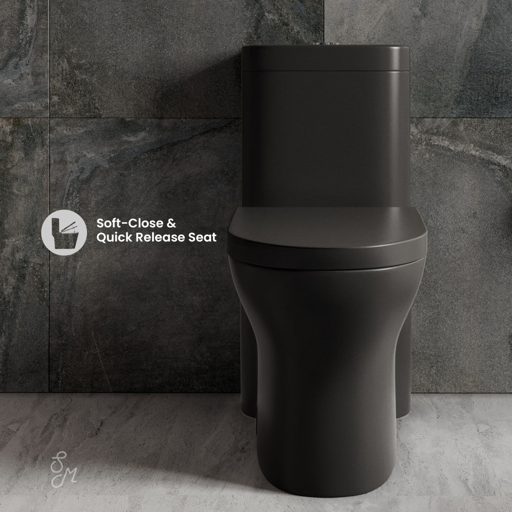 Elongated one-piece toilet in matte black with dual-flush and soft-close quick release seat.