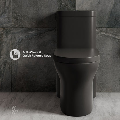 Elongated one-piece toilet in matte black with dual-flush and soft-close quick release seat.