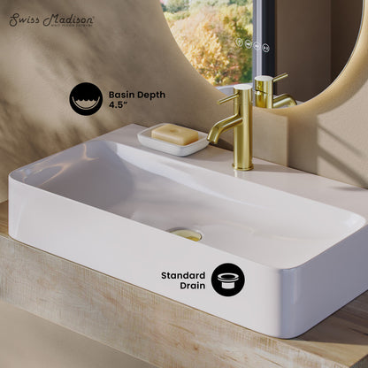Glossy white rectangular vessel sink 32" with faucet mount and standard drain, basin depth 4.5 inches.