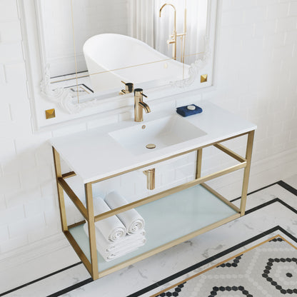 36-inch wall-mount bathroom vanity with gold metal frame and open shelf.