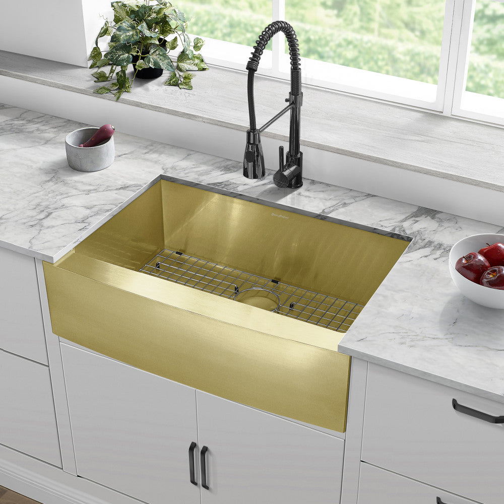 30 x 21-inch gold stainless steel single basin farmhouse kitchen sink with apron front.