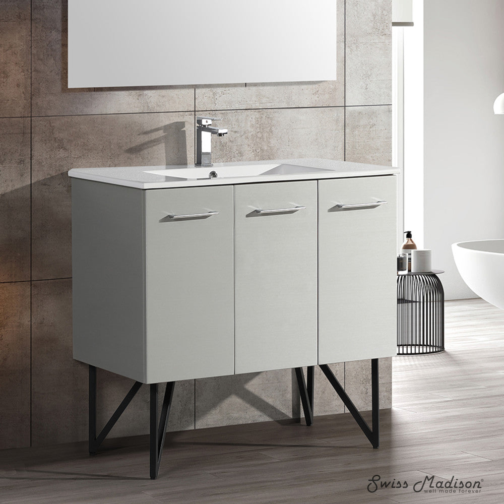 36-inch freestanding gray bathroom vanity with single sink and soft-close doors.