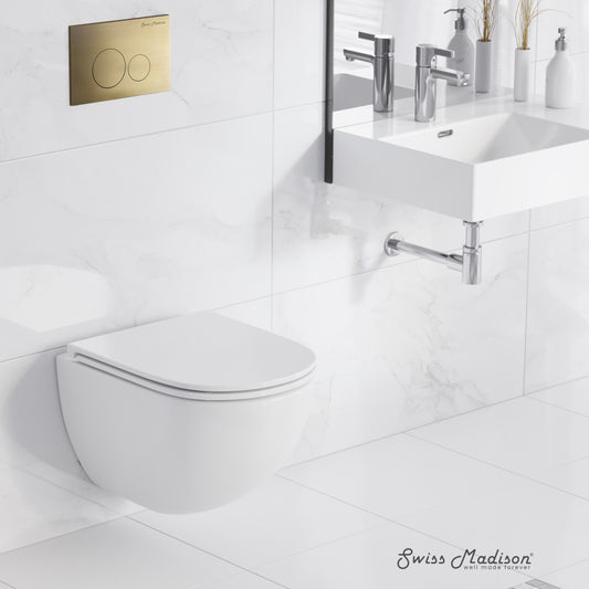 St. Tropez Wall-Hung Toilet Bundle 0.8/1.6 GPF Dual Flush in Glossy White with Brass Flush Plate