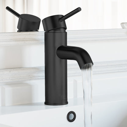 Single-handle bathroom faucet in matte black with cylindrical spout and lever handle.