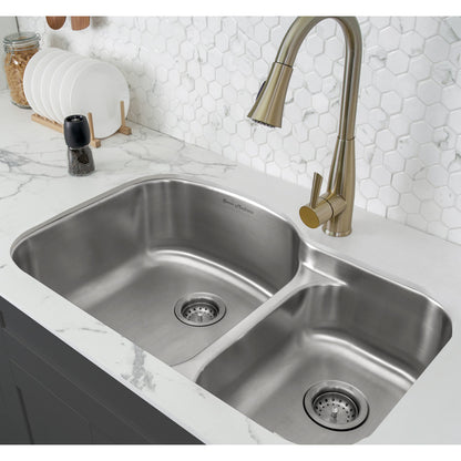 32 x 21 stainless steel undermount kitchen sink with dual basins and brushed finish.
