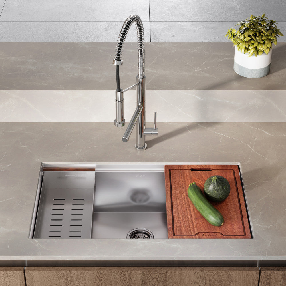 33 x 19-inch single basin undermount stainless steel kitchen workstation sink with drainboard and wooden cutting board.