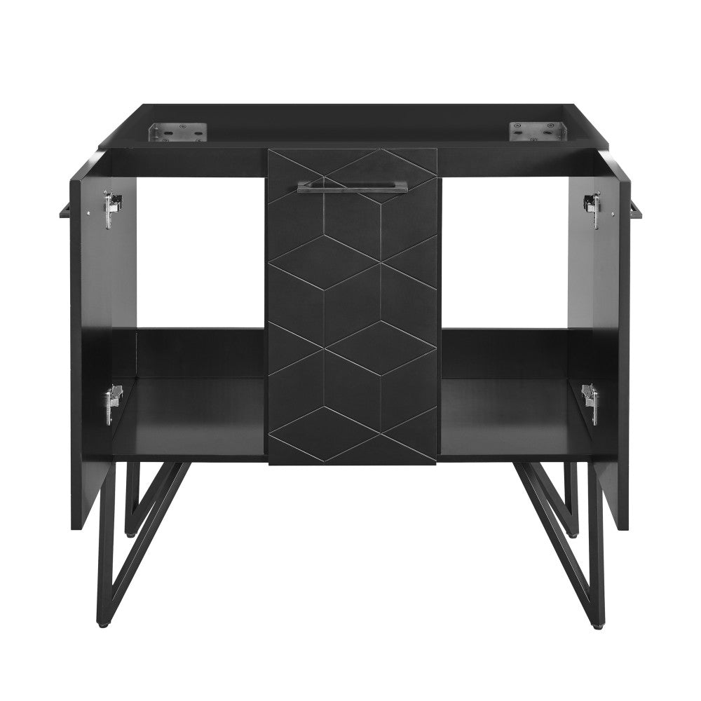 36-inch freestanding bathroom vanity cabinet in phantom black, soft-close doors, geometric front design.