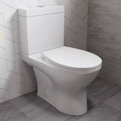 Elongated two-piece toilet with dual-flush, white ceramic, modern design, soft-close seat, installed in corner bathroom.