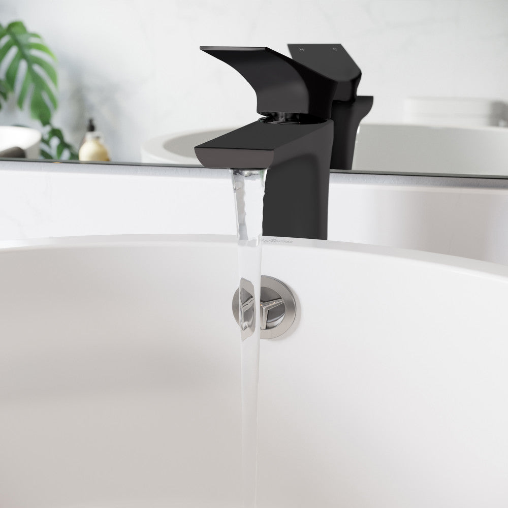 Single-handle high arc bathroom faucet in matte black, flowing water, modern angular design.