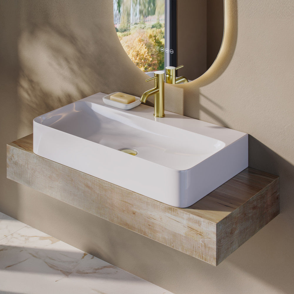 32" rectangular white vessel sink with faucet mount, glossy finish.