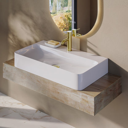 32" rectangular white vessel sink with faucet mount, glossy finish.