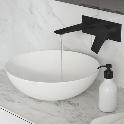 Wall-mount bathroom faucet in matte black, single-handle, modern angular spout design.