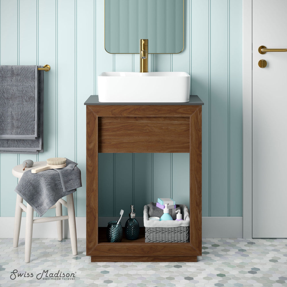 24-inch freestanding reclaimed wood bathroom vanity with slate countertop and single hole vessel sink.