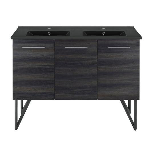 Annecy 48 in. Black Walnut, Double Basin Bathroom Vanity With Black Ceramic Sink Top