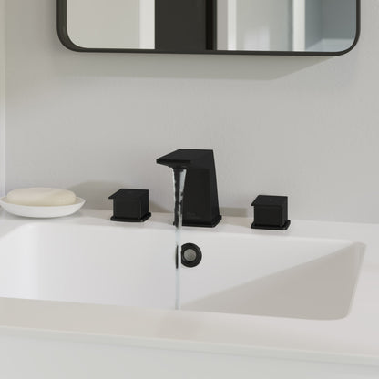 Widespread bathroom faucet in matte black with square handles and modern angular spout.