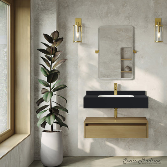 Avancer 36" Wall-Mounted Bathroom Vanity in Natural Oak with Black Marble Sink Top