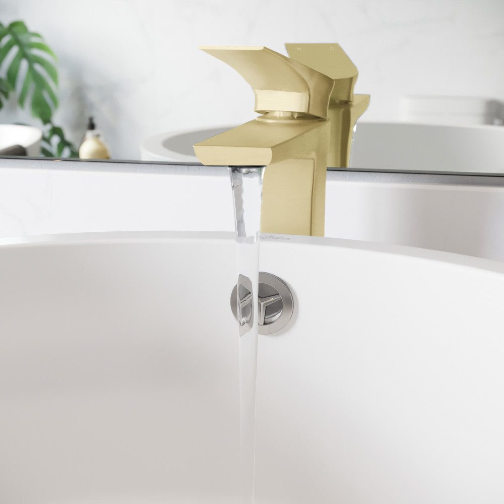 Single-handle high arc bathroom faucet in brushed gold, contemporary Monaco design.