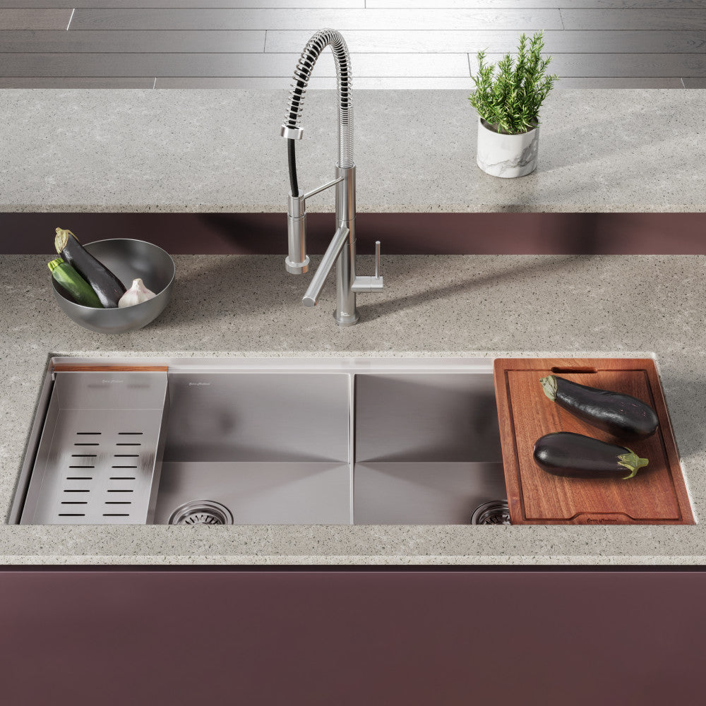 45 x 19 inch dual basin undermount kitchen workstation sink in stainless steel with wooden cutting board and drain tray.