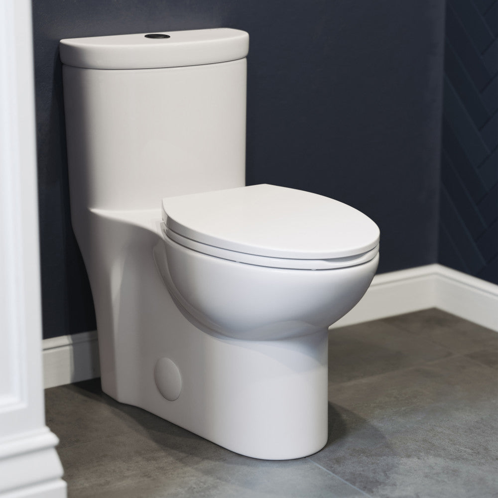 Elongated one-piece toilet with dual flush, white ceramic, compact design, black hardware accents.