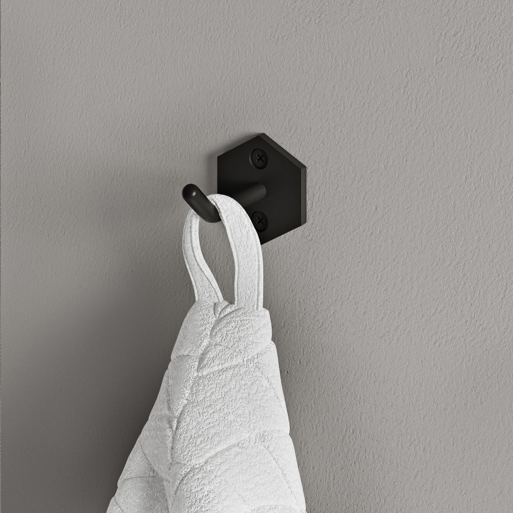 Brusque robe hook in matte black, hexagonal base, curved dual hooks, wall-mounted bathroom accessory.