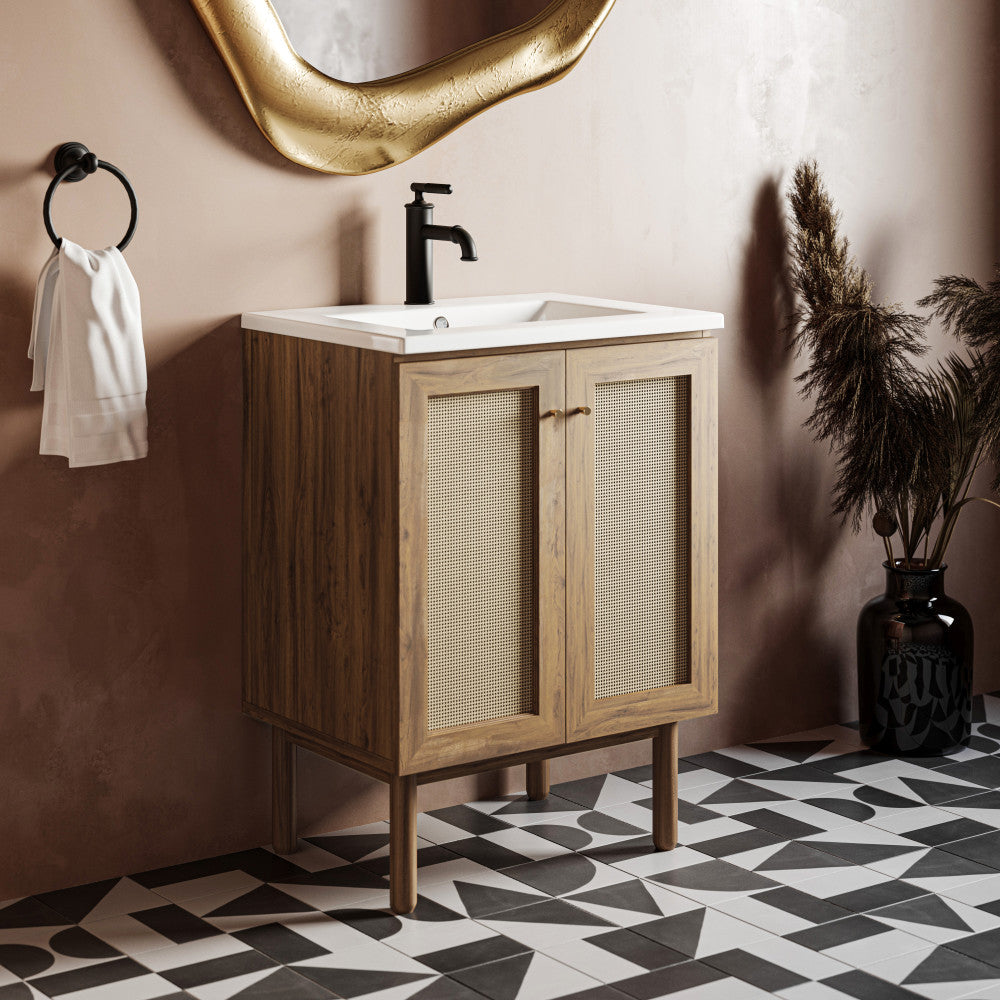 24-inch freestanding bathroom vanity in golden oak with single sink and soft-close doors.