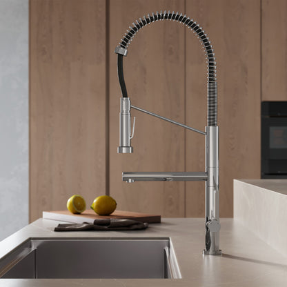 Single handle pull-down kitchen faucet in chrome with pot filler and spring coil spout.
