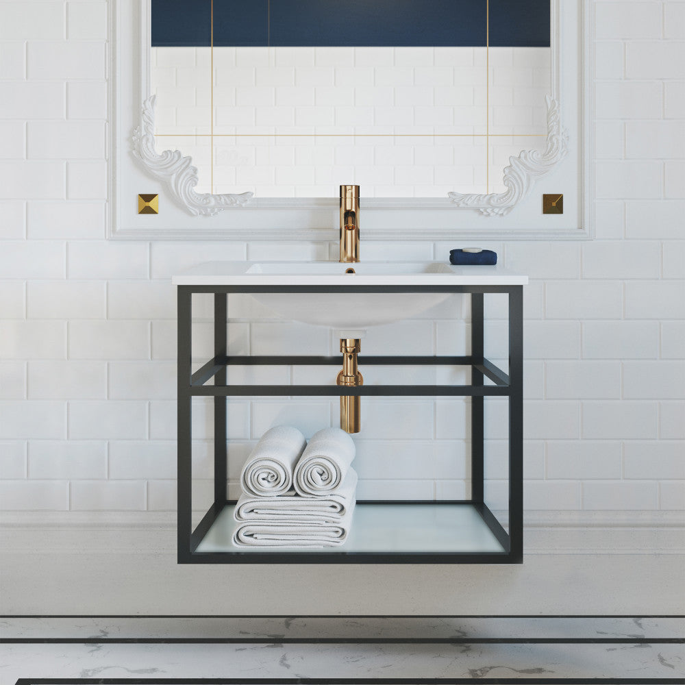 30-inch wall-mount bathroom vanity with open shelf, matte black metal frame, and white countertop.