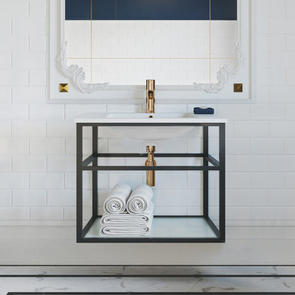 30-inch wall-mount bathroom vanity with open shelf, matte black metal frame, and white countertop.