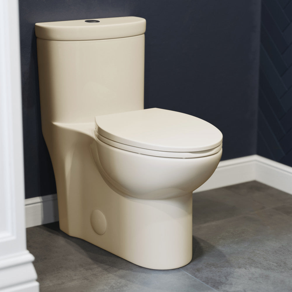 Elongated one-piece toilet in bisque with dual-flush and compact design.