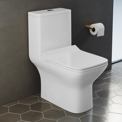 Elongated one-piece toilet with dual-flush, square design, white ceramic, 10" rough-in.