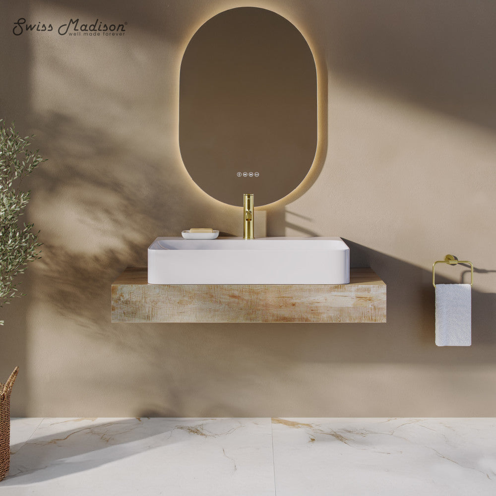 32-inch glossy white rectangular vessel sink with faucet mount mounted on floating wooden vanity shelf.