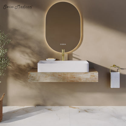 32-inch glossy white rectangular vessel sink with faucet mount mounted on floating wooden vanity shelf.