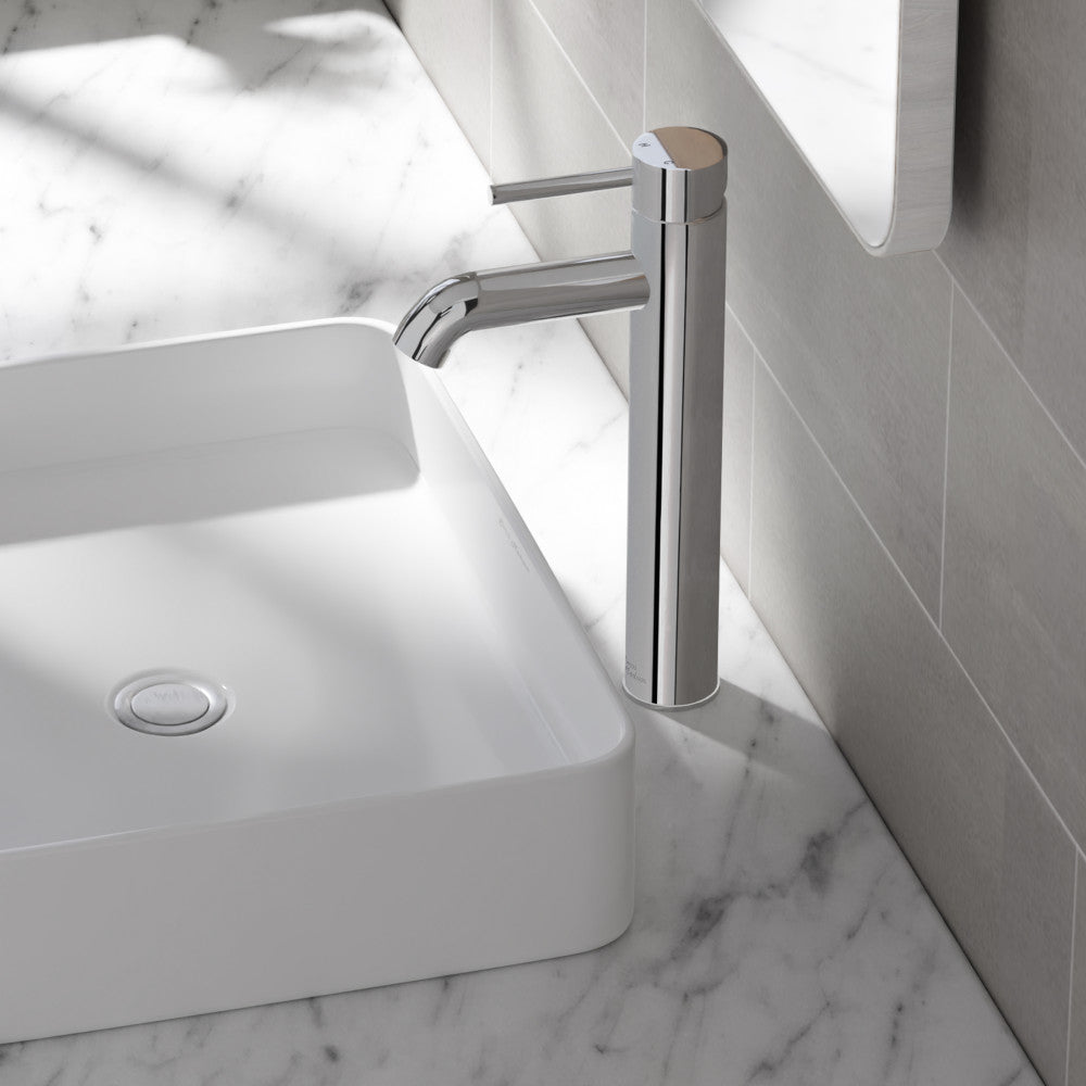 Single-handle high arc bathroom faucet in chrome with sleek cylindrical design.