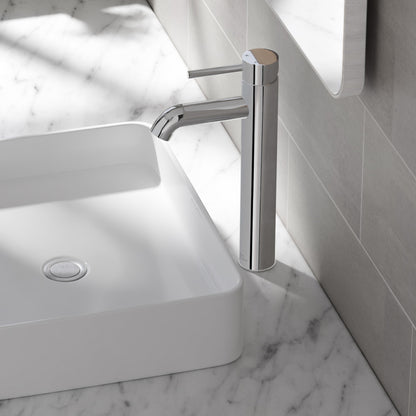 Single-handle high arc bathroom faucet in chrome with sleek cylindrical design.
