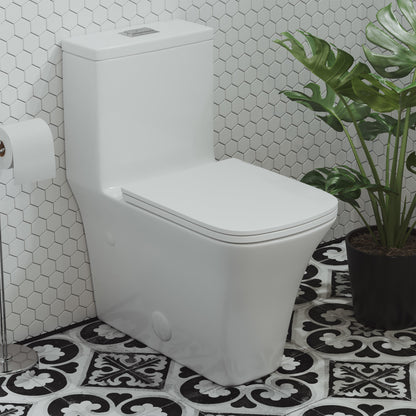 Elongated one-piece toilet, dual-flush, compact design, white ceramic, soft-close seat.