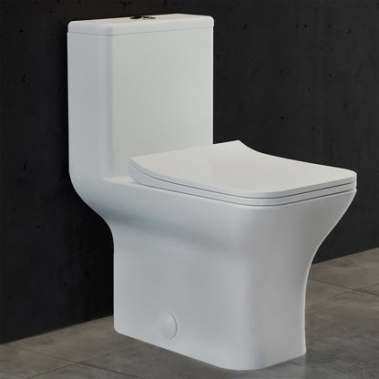 Elongated one-piece toilet with dual-flush buttons and compact design in white porcelain.