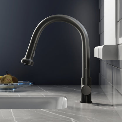 Pull-down kitchen faucet in matte black, single handle, high-arc spout with flexible hose.