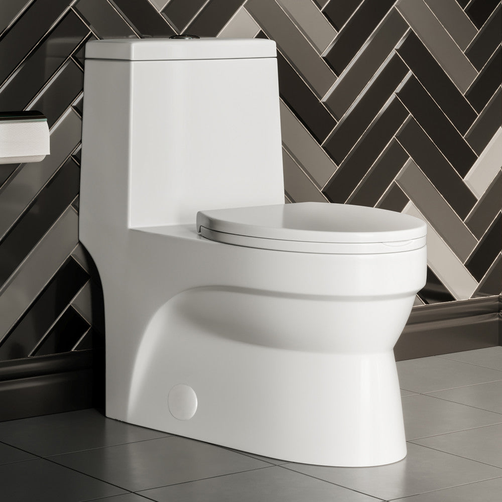 Elongated one-piece toilet with dual-flush, smooth skirted trapway, soft-close seat, white ceramic finish.