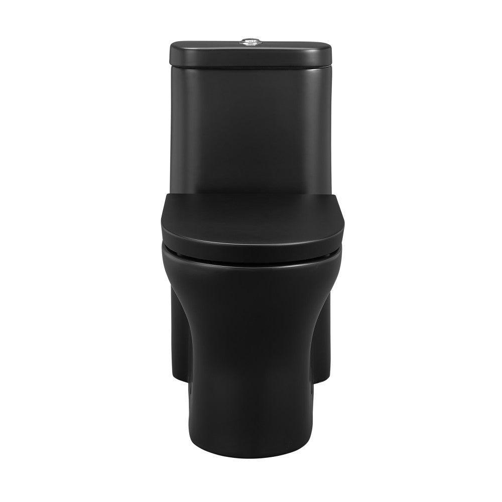 Elongated one-piece toilet in matte black with dual-flush and skirted trapway design.
