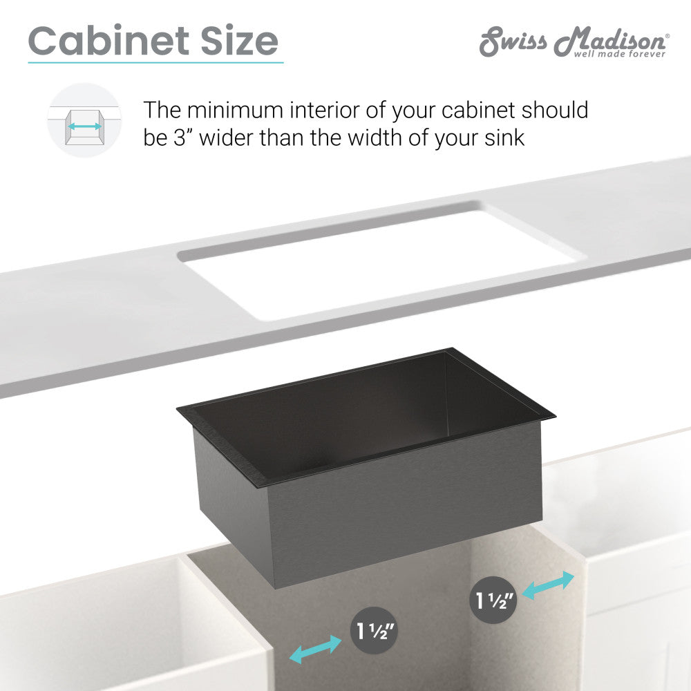 Black stainless steel undermount kitchen sink, single basin, 26x18 inch, square corners, deep basin.